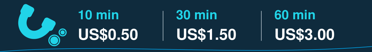 An oversized cyan telephone and coins sit beside three desktop voice usage equivalents: 10 minutes US$0.50, 30 minutes US$1.50, and 60 minutes US$3.00. Generally covered by included allowance, not an automatic added charge. Universal Dot-call applicability is unverified.
